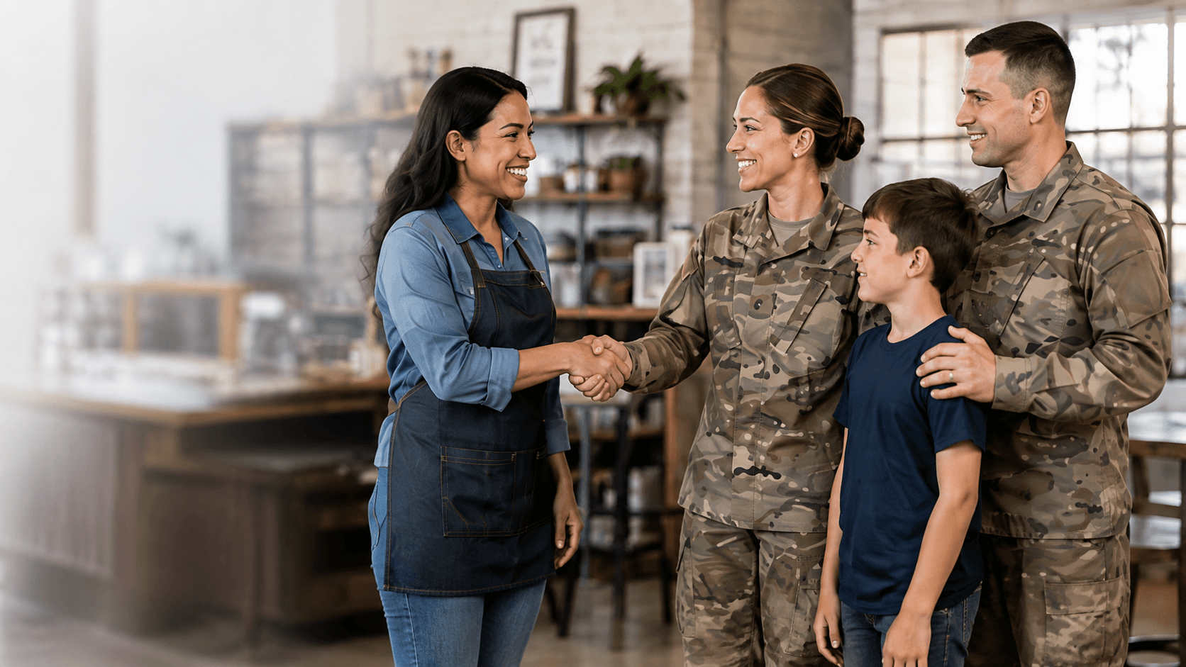 Military family connecting with a local business owner